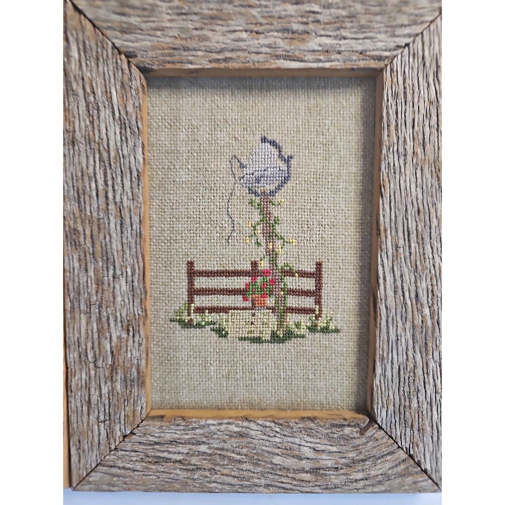 Vintage Set of 2 Framed Needlepoint Country core Wall Hangings Art - Picture 3 of 6